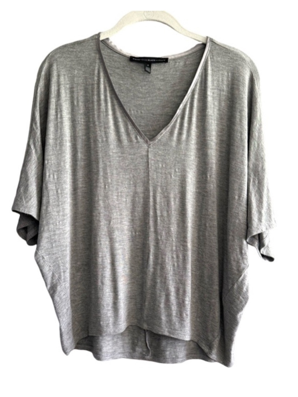 WHBM Short Sleeve V-neck Tee Satin Trim Heather Stretch Jersey Top Gray Size S